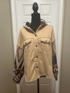 BKE Beige Hooded Jacket with Patterned Aztec Western design